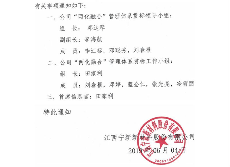 江西宁新新材料股份有限公司召开两化融合贯标